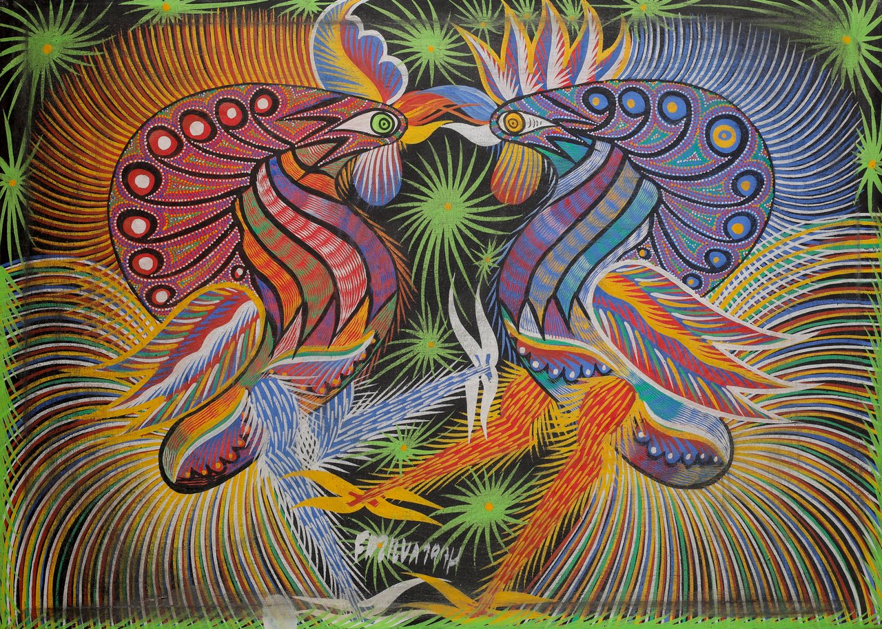 两只奇幻的公鸡相对而立，黑色背景上放射着彩色条纹。双鸡，奇科·达席尔瓦，1974，布面水粉。