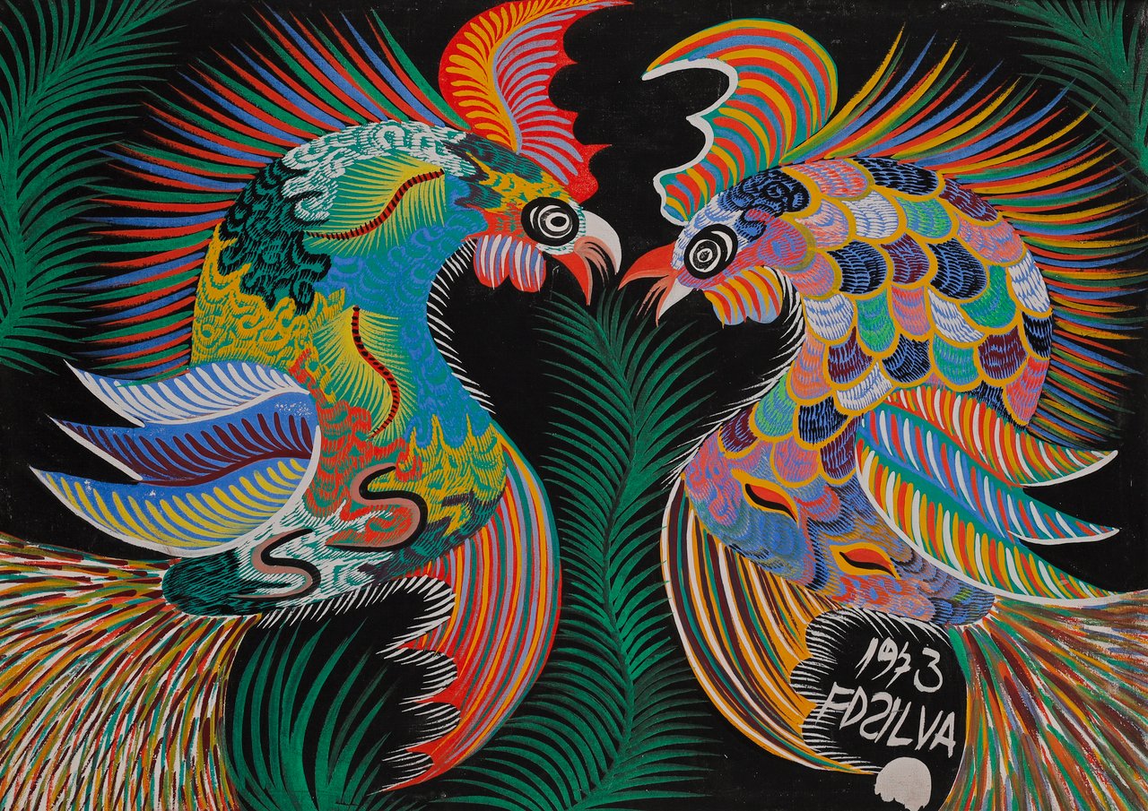 两只公鸡相斗，多彩羽毛铺展如扇，背景为黑色。双鸡，奇科·达席尔瓦，1973，布面丙烯。