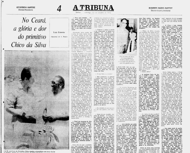黑白报纸版面：标题《No Ceará, a glória e a dor do primitivo Chico da Silva》，一张两名男子在户外相互致意的大照片，一张官方会面的小照片，以及四栏文字。