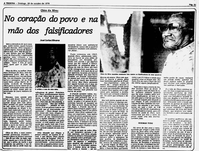 黑白报纸版面：标题《No coração do povo e na mão dos falsificadores》，一幅画家戴眼镜的大幅肖像，一张他在画布旁的小照片，以及多栏文字。